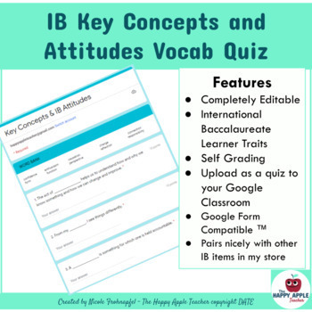 Preview of IB Key Concepts & Attitudes Vocab Quiz - SELF GRADING - G Form