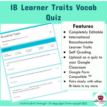 Preview of IB Learner Traits Vocab Quiz -SELF GRADING -G Form