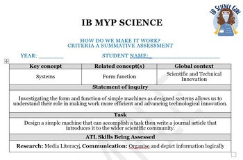 Preview of IB MYP Criteria A Simple Machines Summative Assessment