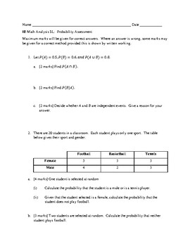 Preview of IB Math AA SL: Probability Assessment