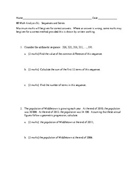 Preview of IB Math AA SL - Sequences and Series Assessment Version 1