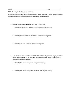 Preview of IB Math AA SL - Sequences and Series Assessment Version 2