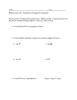 Preview of IB Math Analysis SL Exponentials and Logs Quiz with Answer Key