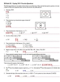 Preview of IB Math SL 1 Final Exam Practice Questions Spring 2013; partial answer key