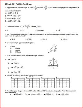 Preview of IB Math SL Final Exam Fall 2011 - Multiple-Choice with Answer Key (Editable)