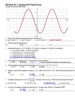 Preview of IB Math SL Final Exam Spring 2013 - Multiple-Choice with Answer Key (Editable)