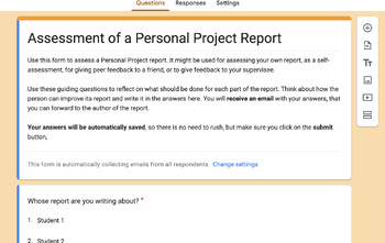 Preview of IB Personal Project - form to support assessing the PP report