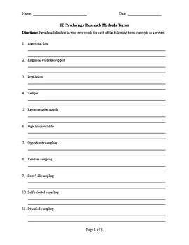 Preview of IB Psychology Research Methods Terms Worksheet