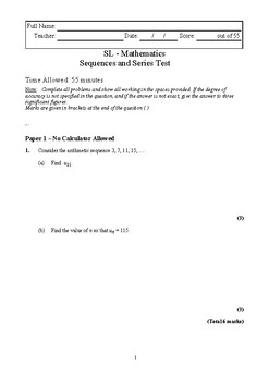 Preview of IB Standard Level AA - Sequences and Series Assessment 1 (and solutions)