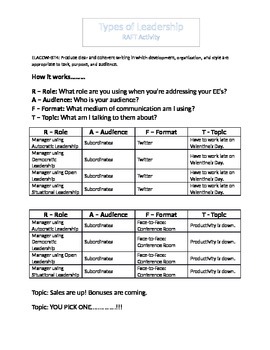 Preview of IBT: Leadership Styles: RAFT Activity