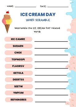 Preview of ICE CREAM DAY Word Scramble Vocabulary Spelling Quiz