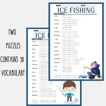 ICE FISHING word scramble puzzle worksheet activity by Mind Games Studio