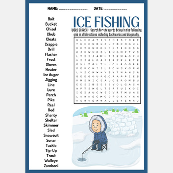 ICE FISHING word search puzzle worksheet activity by Mind Games Studio
