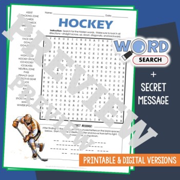 Preview of ICE HOCKEY Word Search Puzzle Activity Vocabulary Worksheet Secret Message