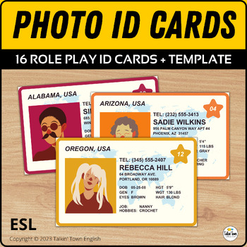 Preview of ID Cards for Role Play with 16 Pretend Characters + Template for ESL/SPED/ELL