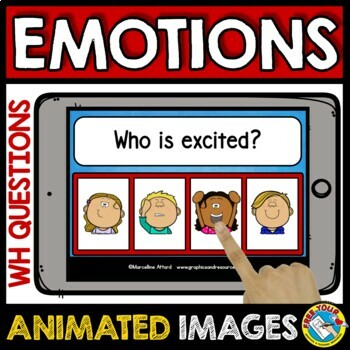 Preview of IDENTIFYING FEELINGS & EMOTIONS BOOM CARDS WH QUESTION SOCIAL EMOTIONAL LEARNING