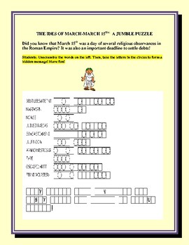 Preview of IDES OF MARCH: A WORD JUMBLE W/ HIDDEN MESSAGE & ANSWER KEY GRS. 5-10