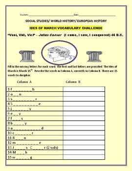 Preview of IDES OF MARCH CHALLENGE  W/ ANS. KEY: GRADES 6-12, WORLD HISTORY