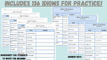 Preview of IDIOM practice!  136 IDIOMS and their definitions