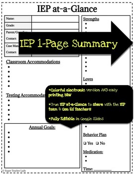 Preview of IEP 1-Pager - IEP Summary - IEP at a Glance *Fully Editable*