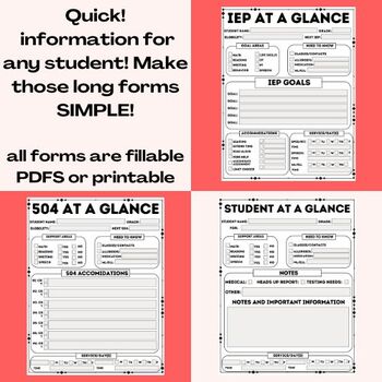 Preview of IEP, 504 and Student At a Glance Forms | Quick Info | PDF Fillable | Printable