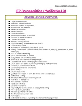 Preview of IEP ACCOMMODATIONS & MODIFICATIONS LIST CHEAT SHEET!- ALL AREAS - 20 PAGES!