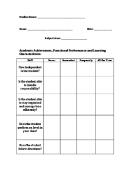 Preview of IEP Academic Achievement Questionnaire for Gathering Information from Teachers