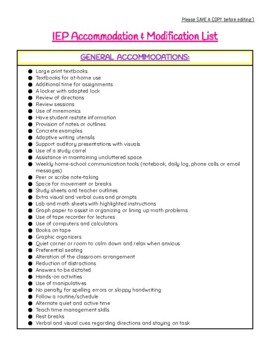 IEP ACCOMMODATIONS & MODIFICATIONS LIST- ALL AREAS - 20 PAGES! EDITABLE!!