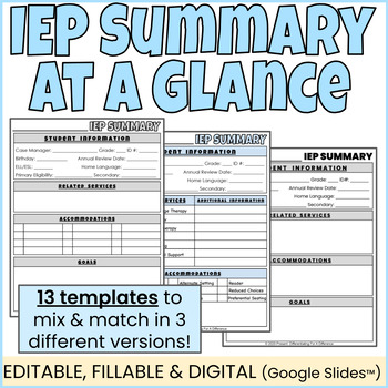 Preview of IEP At a Glance l IEP Summary l IEP Snapshot l EDITABLE FILLABLE & DIGITAL