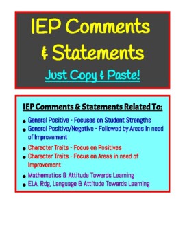 Preview of IEP COMMENTS & STATEMENTS - CHEAT SHEET- 25 PAGES!!! - ALL IEP AREAS COVERED