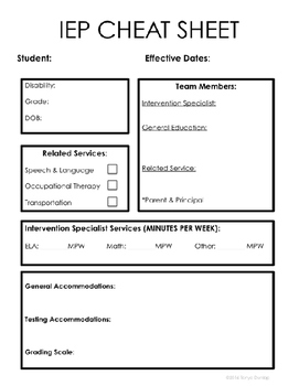 Preview of IEP Cheat Sheet (At A Glance), Editable