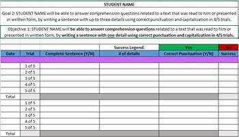 Preview of IEP Data Tracking Spreadsheets (Writing - Comprehensioon Questions)