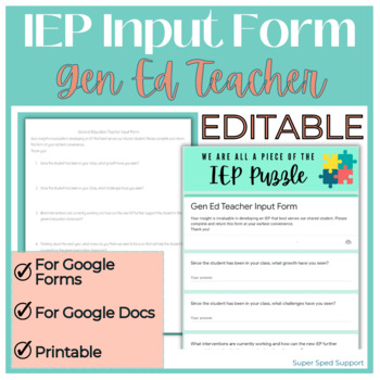 Preview of IEP Gen Ed Teacher Input Form **Editable**