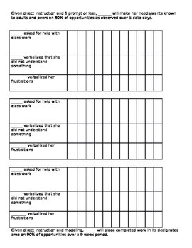 IEP Goal Data Sheets - self-advocacy, work habits, conversational skills