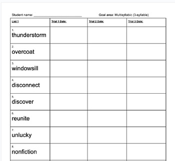 Preview of IEP Goals: 3-Syllable Words/Progress Monitoring for Reading Intervention