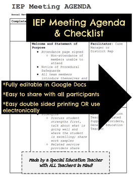 Preview of IEP Meeting Agenda & Checklist *Fully Editable*