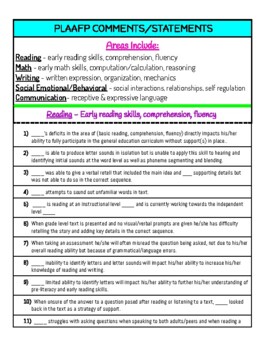 Preview of IEP PLAAFP COMMENTS & STATEMENTS CHEAT SHEET!  ALL AREAS!!  10 PAGES!!