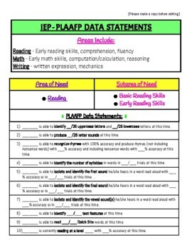 Preview of IEP PLAAFP DATA STATEMENTS CHEAT SHEET! - 10 PAGES!  COVERS ALL AREAS!