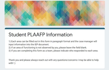 Preview of IEP Present Levels (PLAAFP) Teacher Collection Form (Distance Learning)