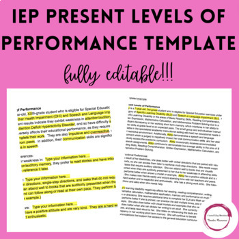 Preview of IEP Present Levels of Performance Template