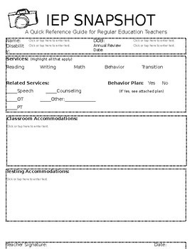 Preview of IEP Snapshot: Quick Reference Guide for Regular Education Teachers