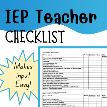 Preview of IEP Teacher Input Checklist