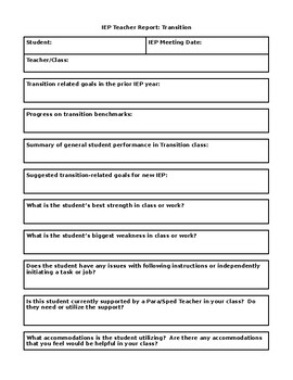 Preview of IEP Teacher Report: Transition