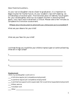 Preview of IEP Transition Questionnaire/Interview for Parents