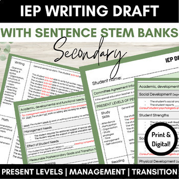 Preview of IEP Writing Draft Template for Secondary with Present Levels Banks: IEP Direct