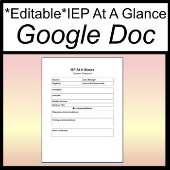 Preview of IEP at a Glance Google Doc [IEP Snapshot][Editable IEP at a Glance]