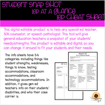 Preview of IEP at a glance, IEP cheat sheet, student snap shot