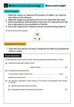 Preview of IGCSE Physics Revision Checklist with Exam question - MASS & WEIGHT