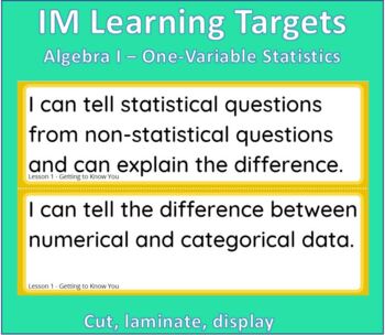 Preview of IM Learning Targets Algebra I Unit 1 - One-Variable Statistics