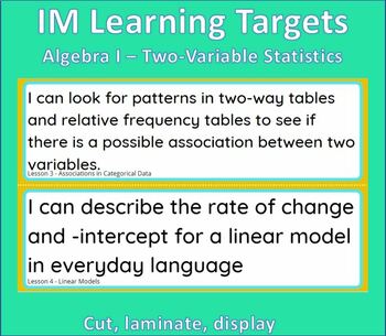 Preview of IM Learning Targets Algebra I Unit 3 - Two-Variable Statistics